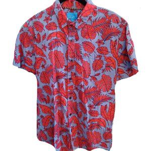 Tropical Floral Blue-Red Mens buttondown short sleeve shirt L